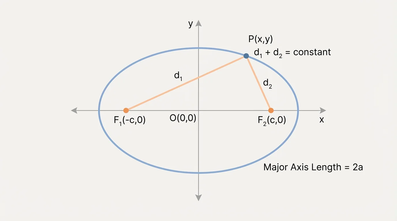 coordinate-plane graph of an ellipse centered at the origin with foci on the x-axis, a sample point on the ellipse, and line segments from the point to each focus
