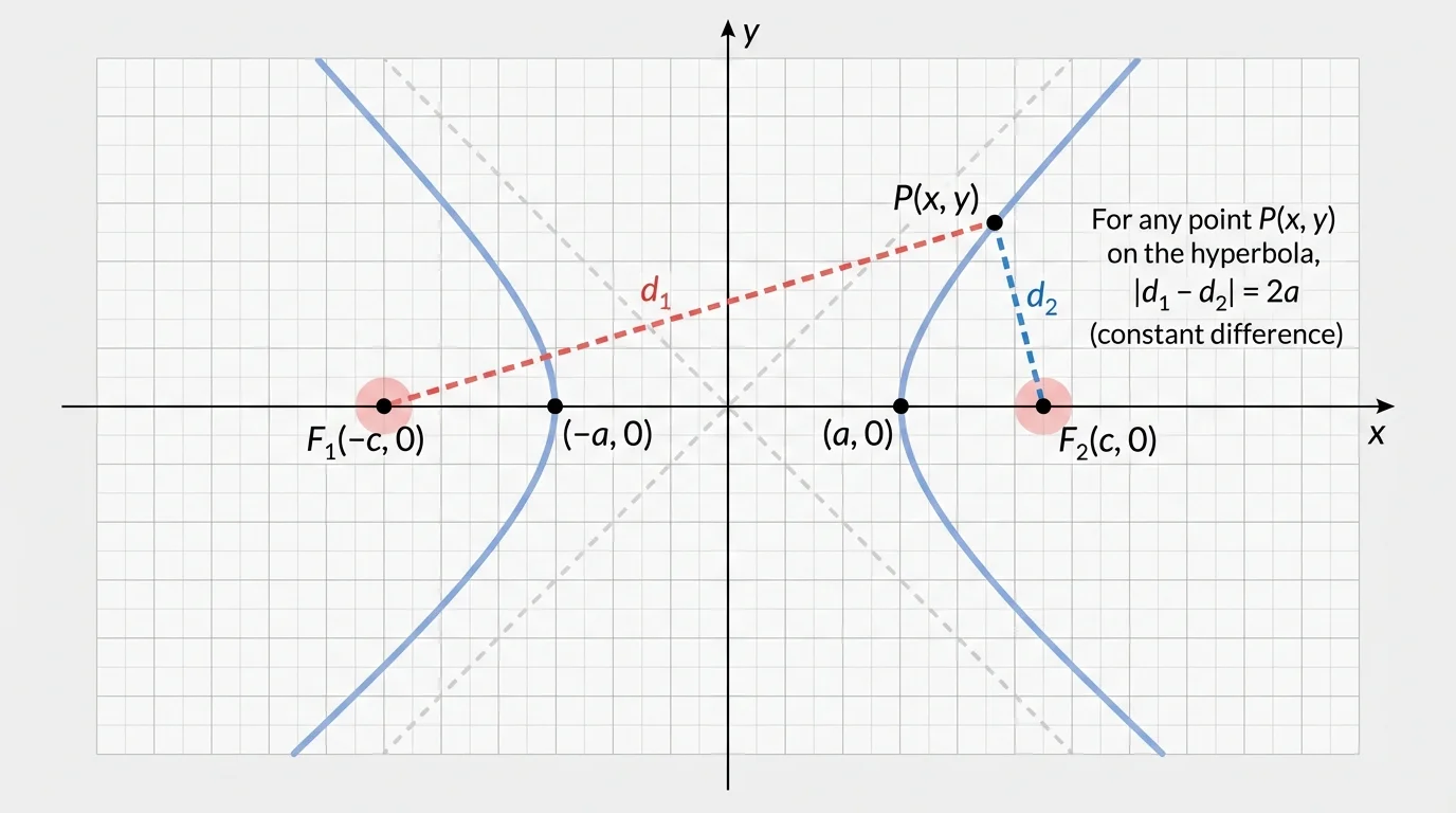 coordinate-plane graph of a horizontal hyperbola centered at the origin with foci on the x-axis, one point on the right branch, and line segments from the point to both foci