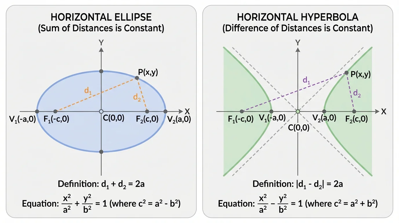 side-by-side coordinate graphs comparing a horizontal ellipse and a horizontal hyperbola, each labeled with center, vertices, and foci