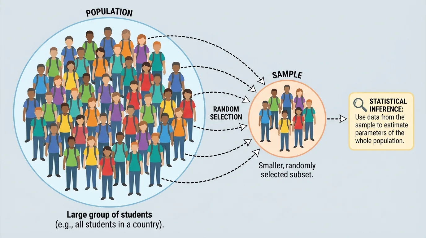 Large group of students labeled population, with a smaller randomly selected subset labeled sample, arrows showing random selection
