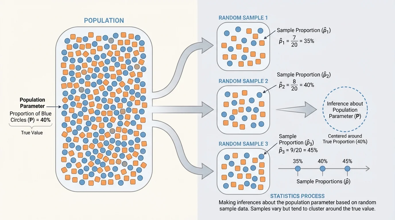 Same population on left, three different random samples on right with slightly different percentages, centered around one population proportion