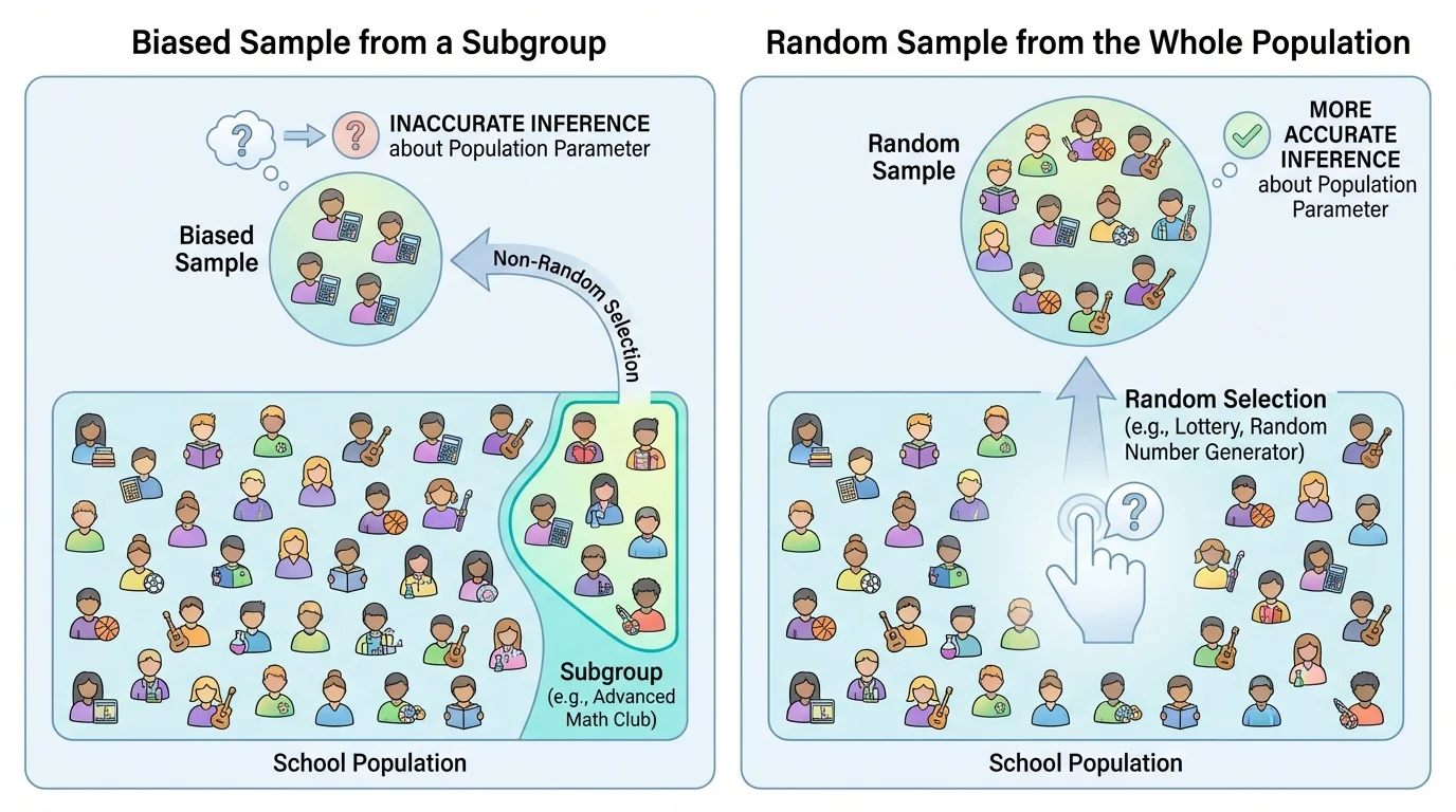 Side-by-side comparison of a biased sample taken from one subgroup and a random sample spread across the whole school population