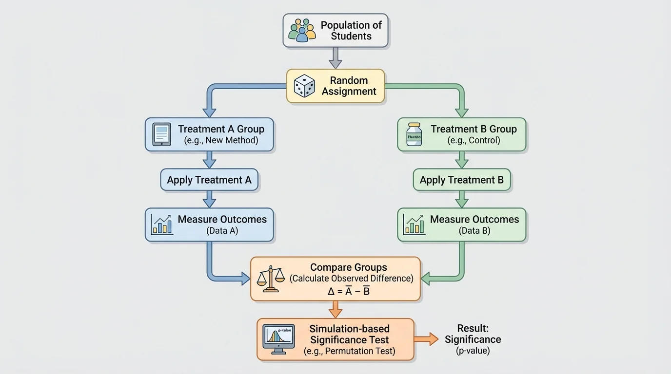 flowchart showing students randomly assigned into Treatment A and Treatment B, followed by measuring outcomes and comparing the two groups