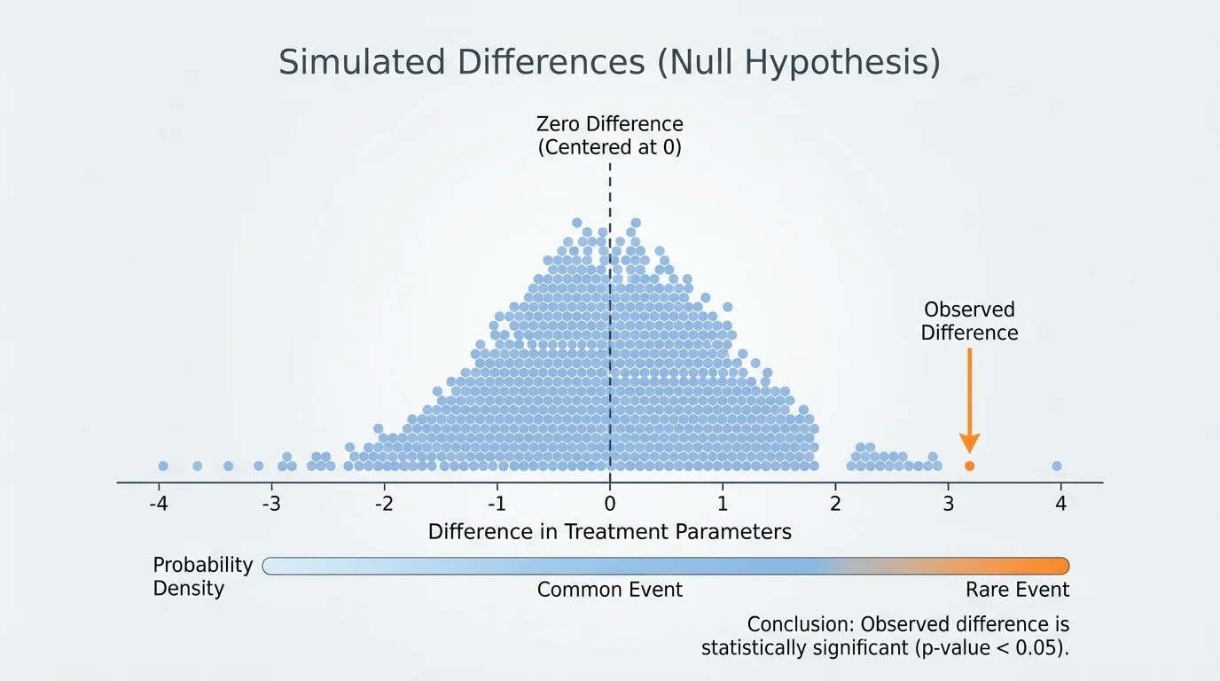 dotplot or histogram of simulated differences centered at zero with the observed difference marked in the right tail