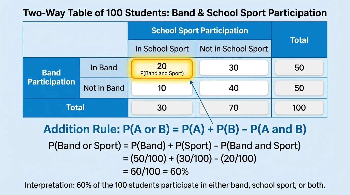 Two-way table of 100 students for band and school sport participation, with the both-groups cell highlighted