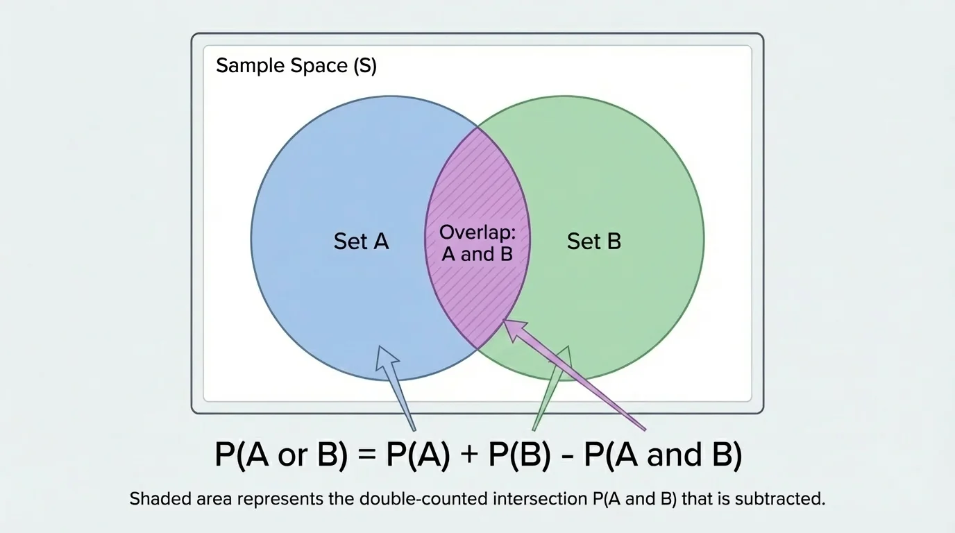 Venn diagram with two overlapping circles labeled A and B inside a sample space rectangle, with the shared overlap shaded to show double-counting