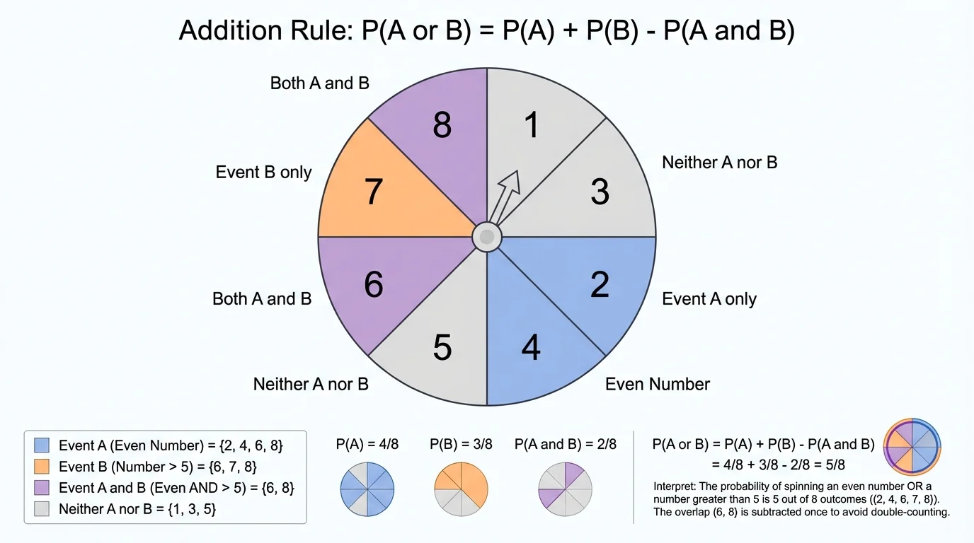 Spinner with 8 equal sectors labeled 1 through 8, color-coded to show outcomes in event A only, event B only, both events, and neither