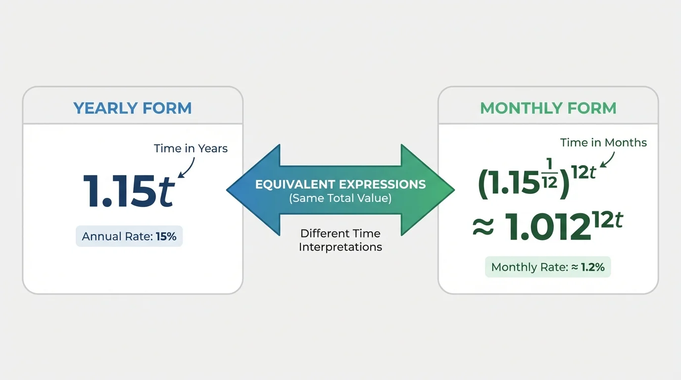 Two equivalent forms of an exponential expression, showing yearly form and monthly form connected by arrows, with labels indicating same value but different time interpretation