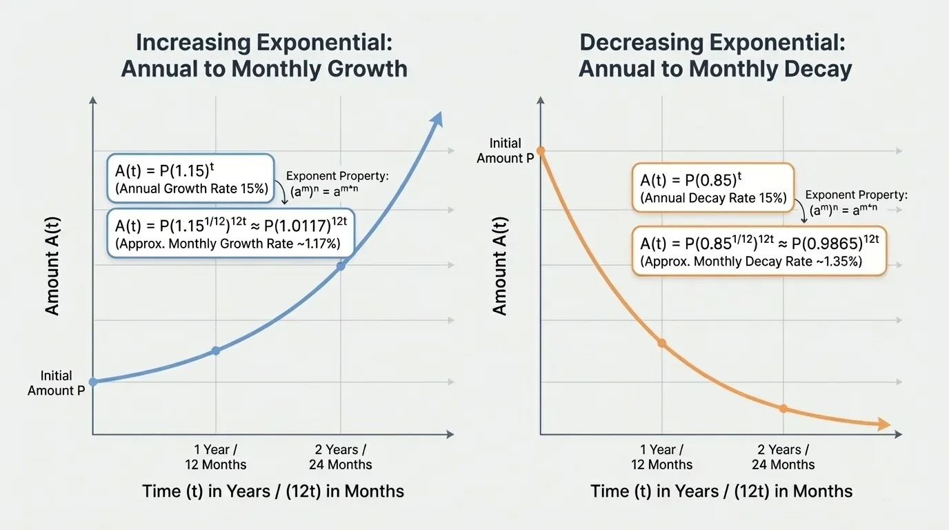 Side-by-side graphs of an increasing exponential and a decreasing exponential, each labeled in two equivalent forms to show different time units