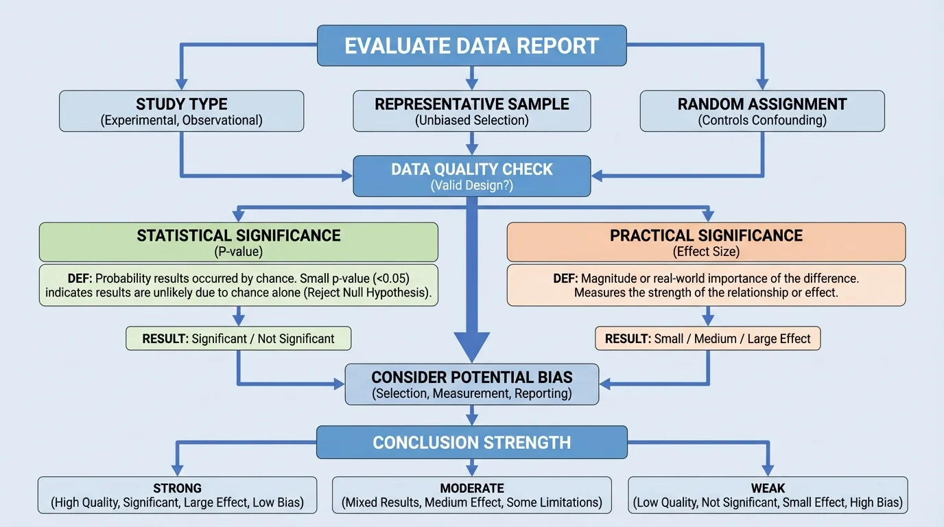Flowchart for evaluating a data report with boxes for study type, representative sample, random assignment, p-value, effect size, bias, and conclusion strength