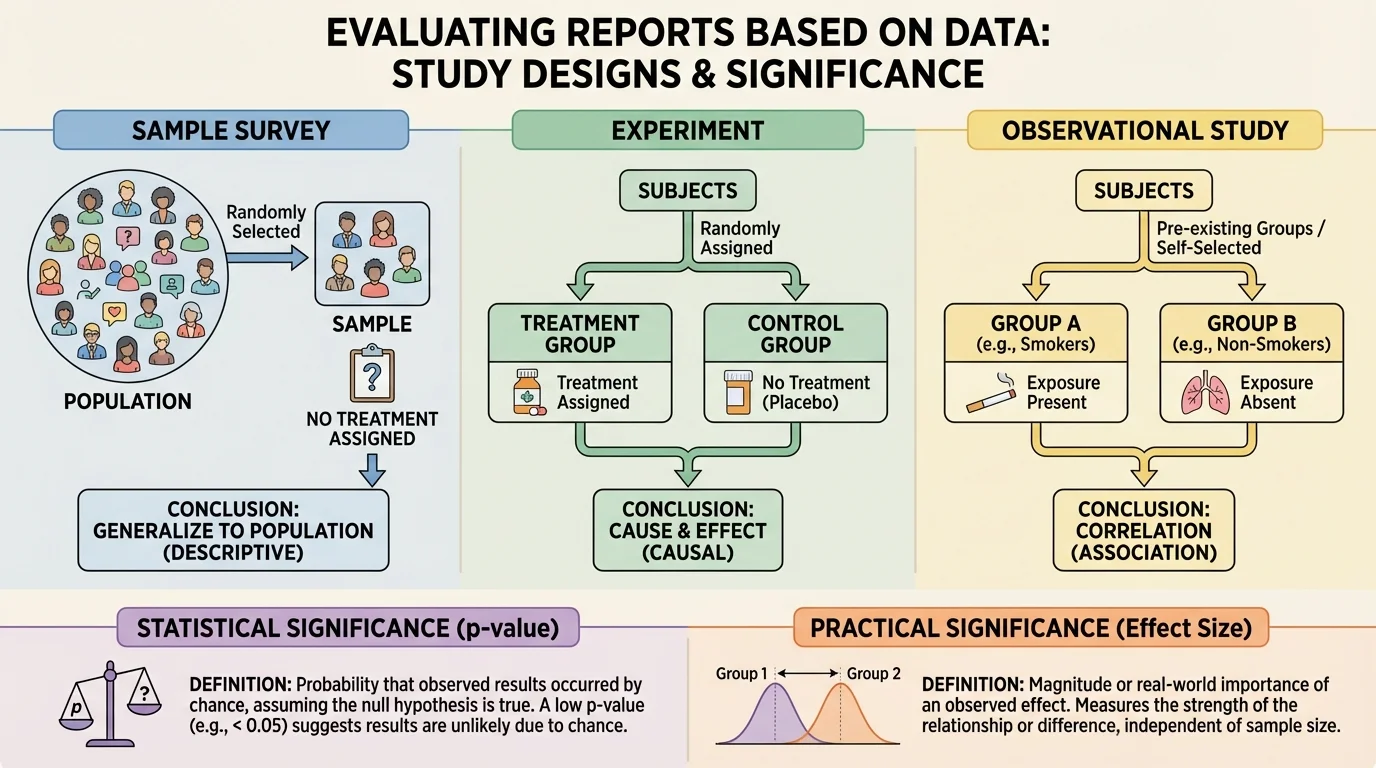 Three-panel comparison of a sample survey, an experiment, and an observational study, showing who is selected, whether treatment is assigned, and what type of conclusion each design supports