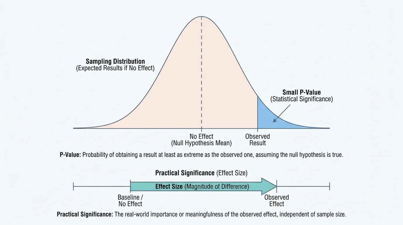 Bell-shaped sampling distribution with center labeled no effect, an observed result marked in the right tail, and the shaded tail region representing a small p-value