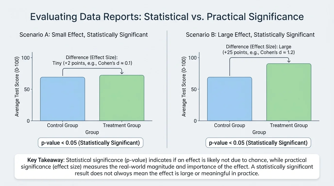 Side-by-side bar charts comparing a tiny score increase and a large score increase, both marked statistically significant to show that effect size measures magnitude