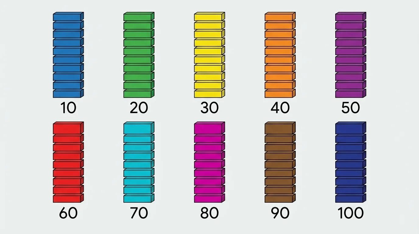 ten groups of ten blocks, each group labeled by total count from 10 to 100