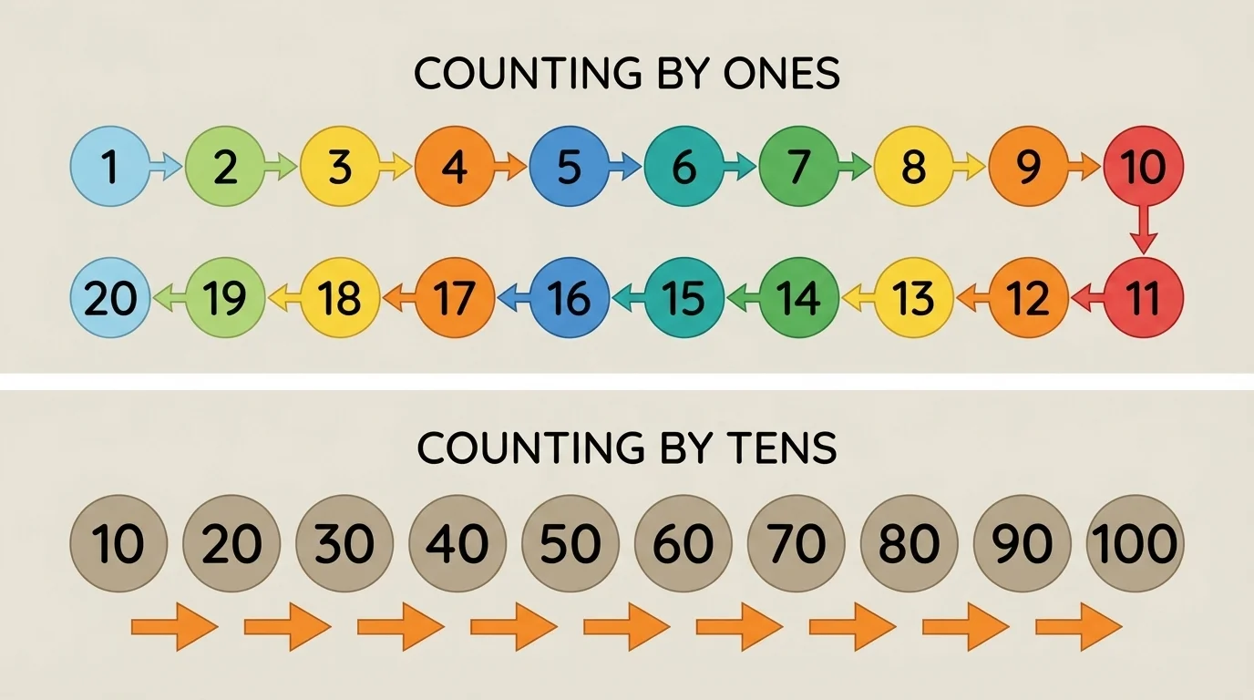 number path with circles labeled 1 through 20 and arrows moving one step at a time
