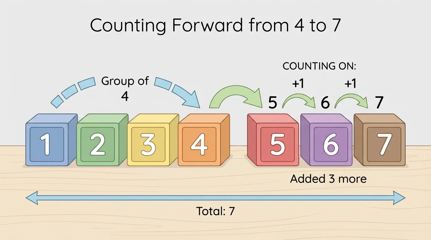 seven toy blocks with first 4 grouped and then 3 more added, showing count continuing from 4 to 5, 6, 7