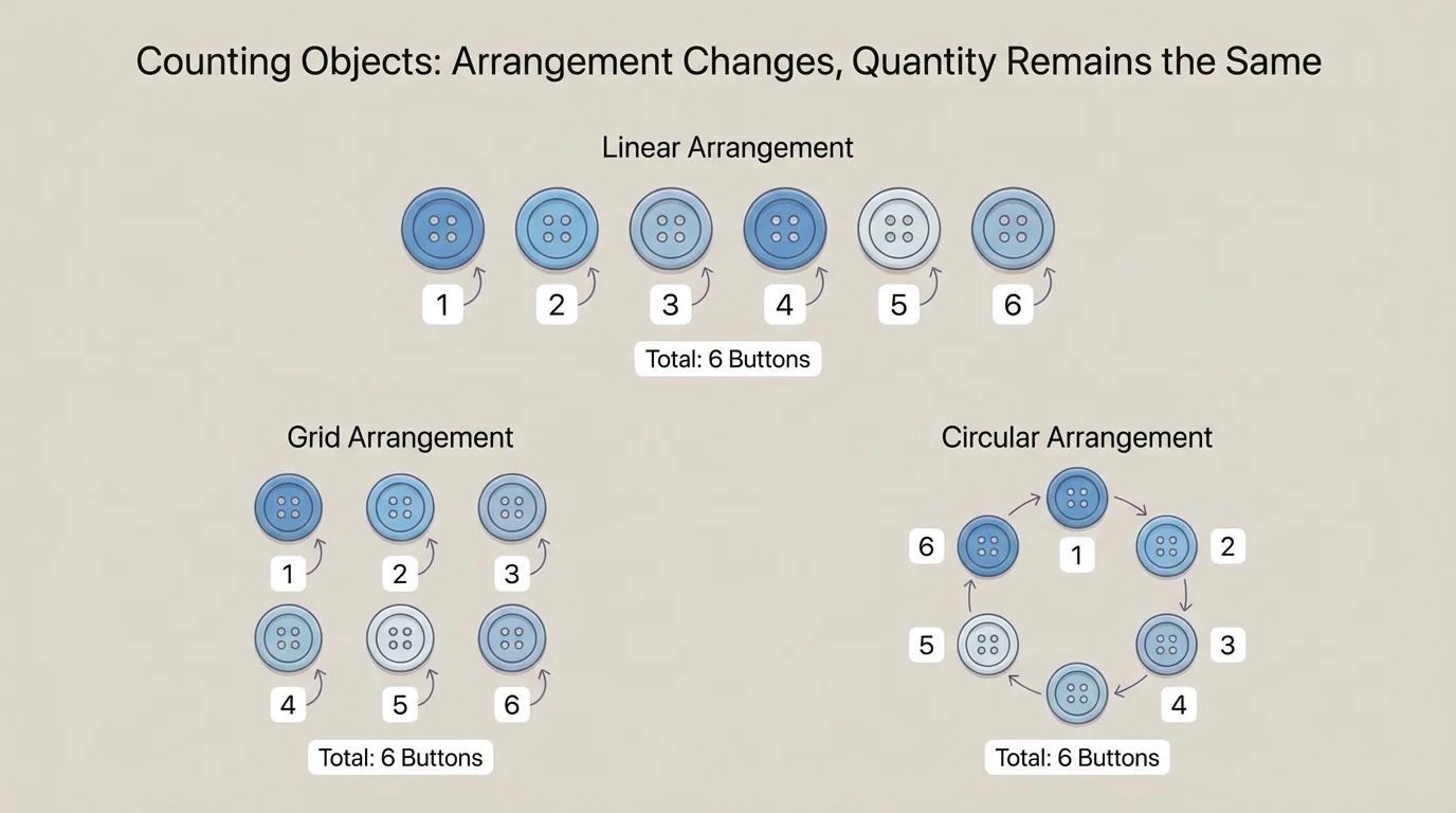 three small groups of six buttons arranged differently, showing that arrangement changes but quantity stays the same