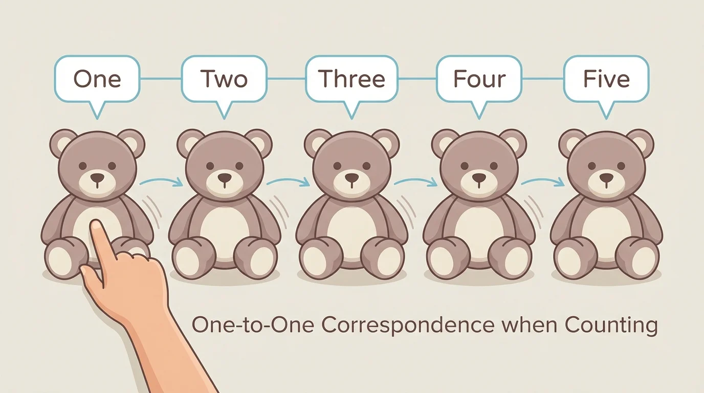 child pointing to five teddy bears in a row, each bear matched with one spoken number from 1 to 5