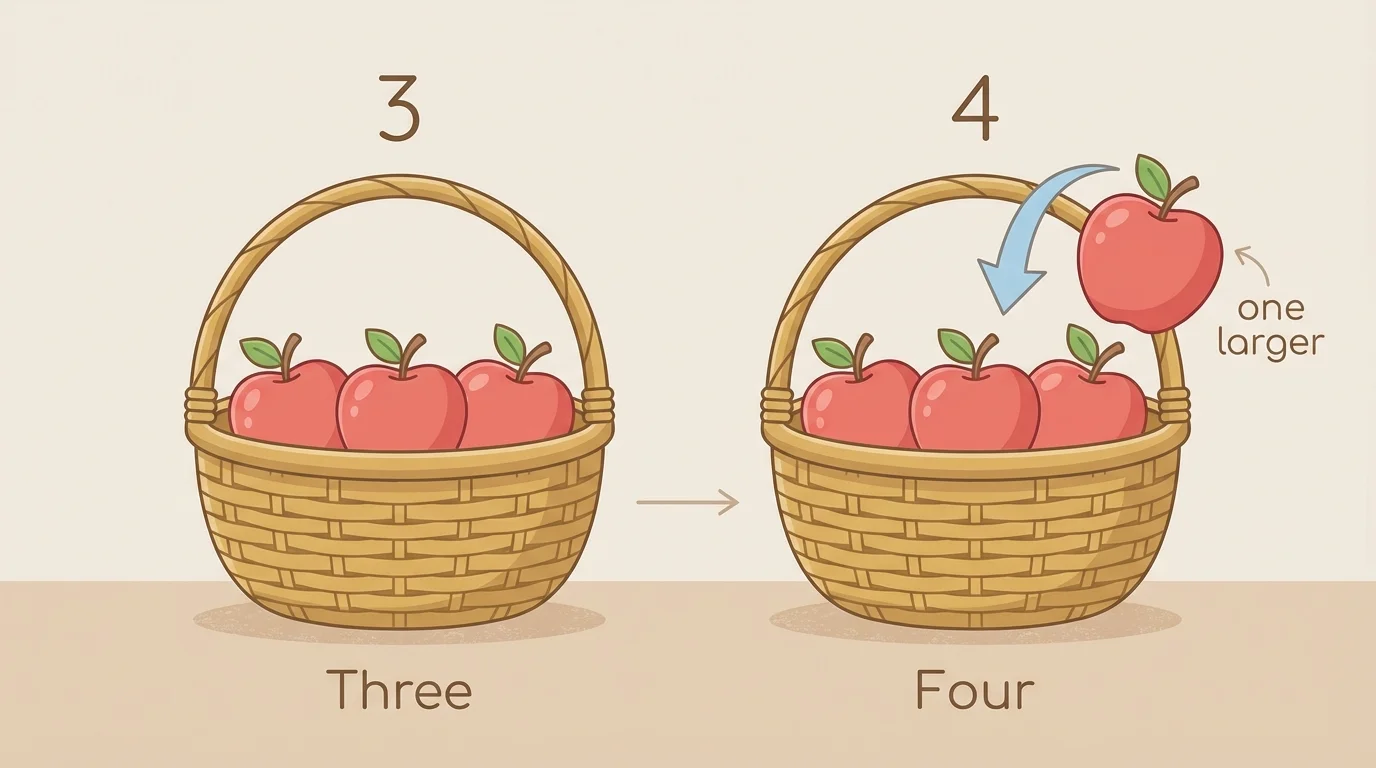 two side-by-side baskets, first with 3 apples, second with 4 apples, showing one extra apple added