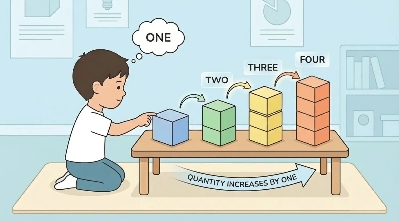 child counting 4 blocks by pointing to each block once from left to right