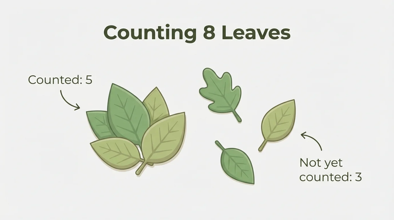 8 leaves scattered randomly, with some moved into a counted pile and some not yet counted