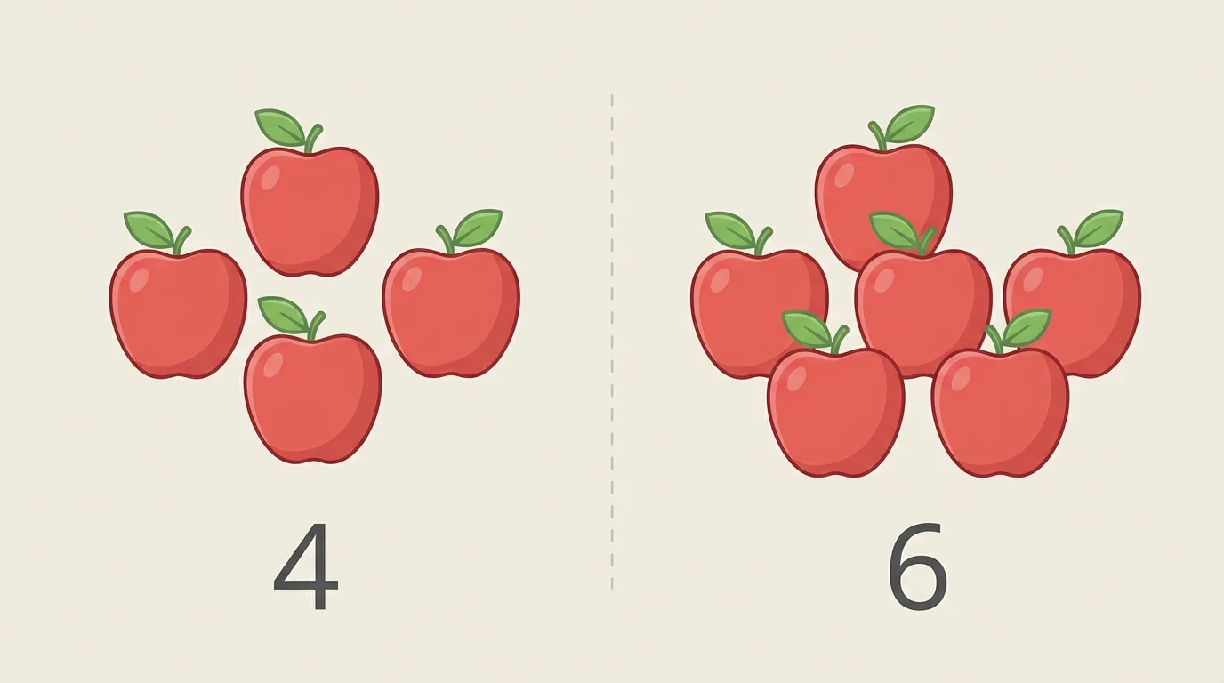 group of 4 apples and group of 6 apples side by side with simple count labels 4 and 6