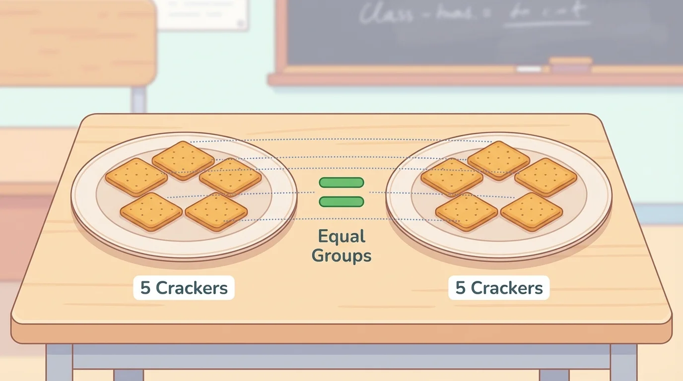 two plates with 5 crackers each side by side showing equal groups in a classroom snack setting