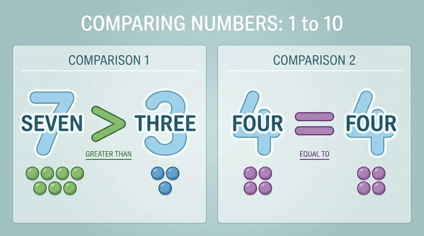 side-by-side visual of 7 and 3 with greater-than symbol opening toward 7, and 4 and 4 with equal sign