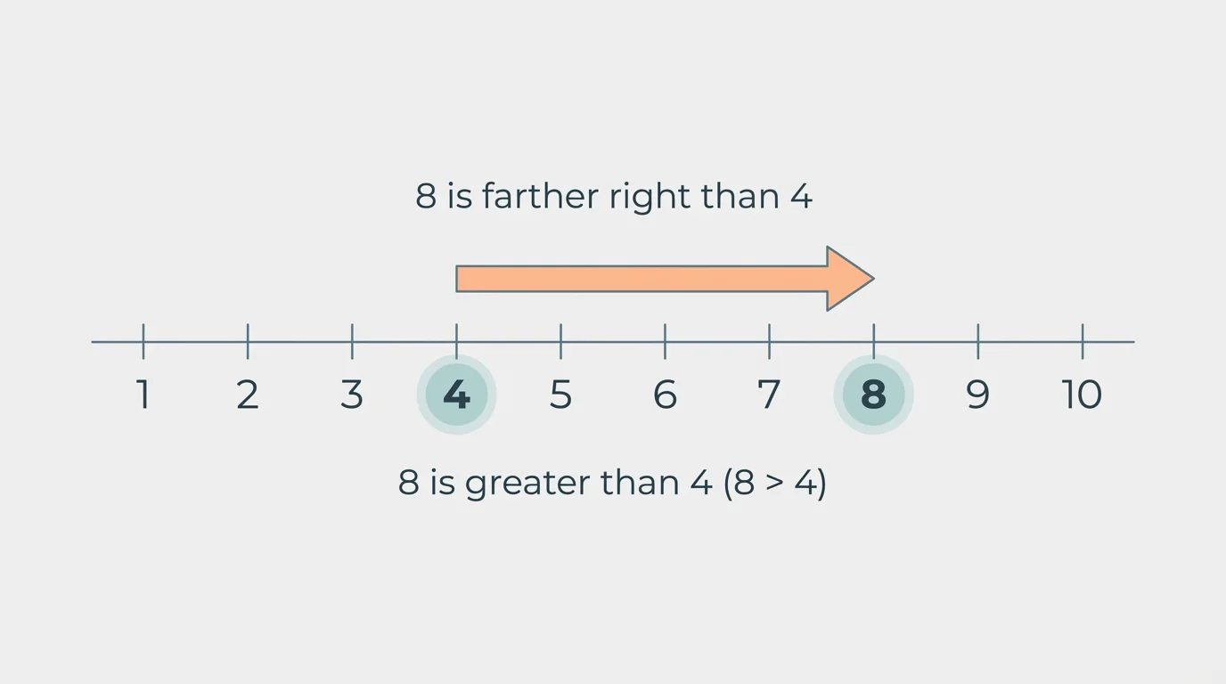 number line from 1 to 10 with 4 and 8 highlighted, arrow showing 8 is farther right
