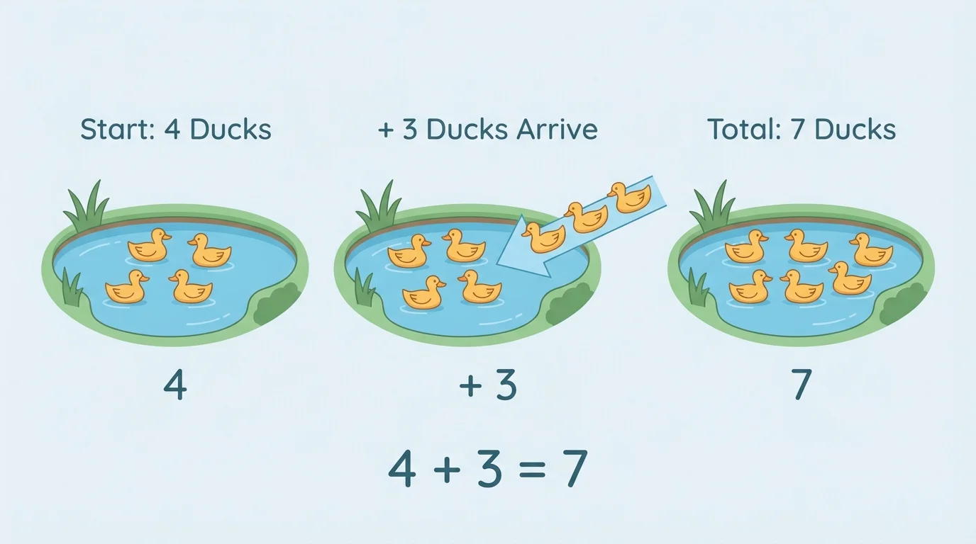 three-panel illustration of 4 ducks in a pond, then 3 more ducks arriving, then all 7 ducks together