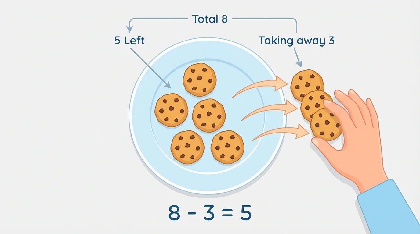 plate with 8 cookies, 3 being taken away, 5 left on the plate