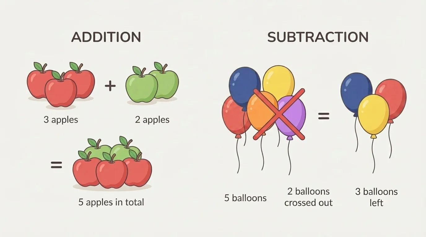 two simple picture sets, one showing 3 apples joined with 2 apples, one showing 5 balloons with 2 crossed out