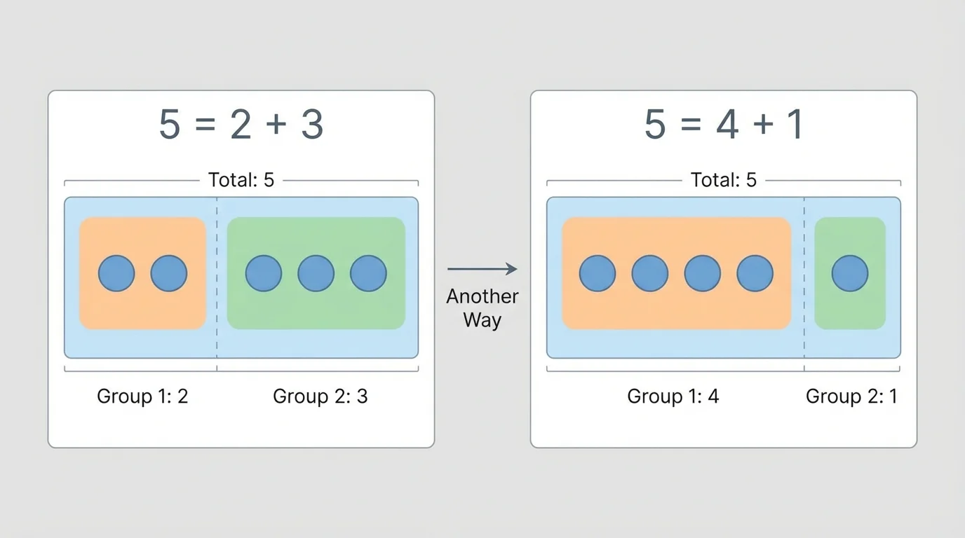 Two groups of dots making 5, with one group of 2 dots and one group of 3 dots, clearly separated but shown as one total set