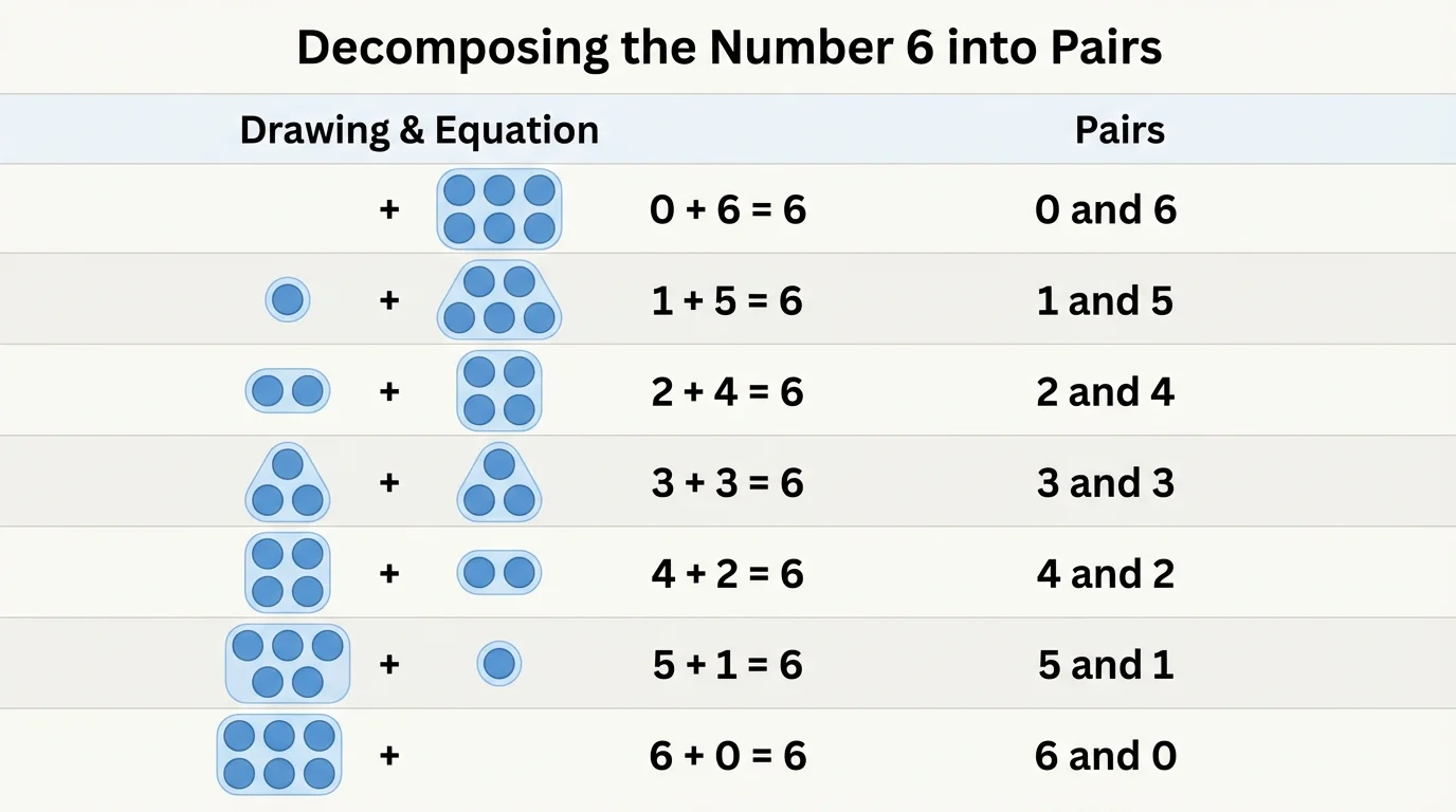 Chart of the number 6 broken into pairs 0 and 6, 1 and 5, 2 and 4, 3 and 3, 4 and 2, 5 and 1, 6 and 0 using simple dot groups