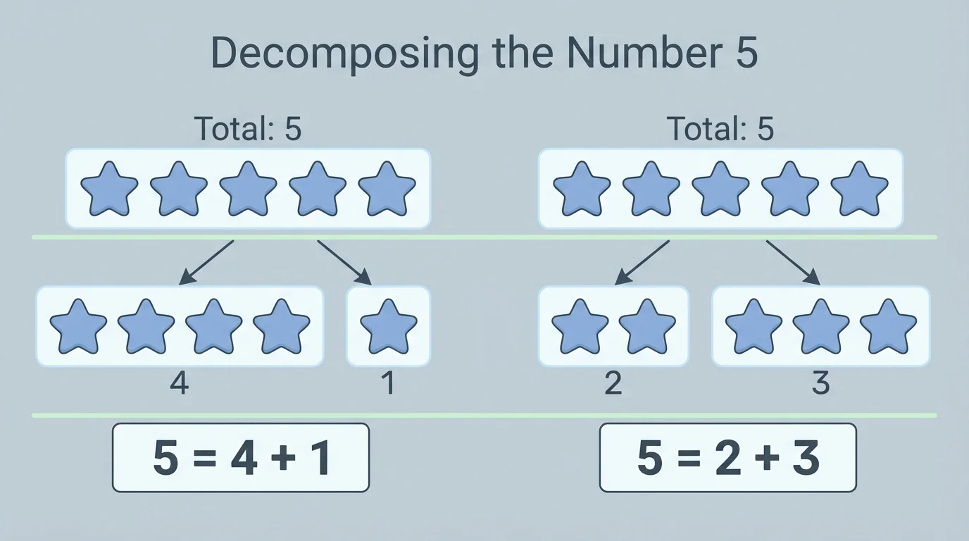 Drawings of 5 objects split as 4 and 1, and as 2 and 3, beside matching equations