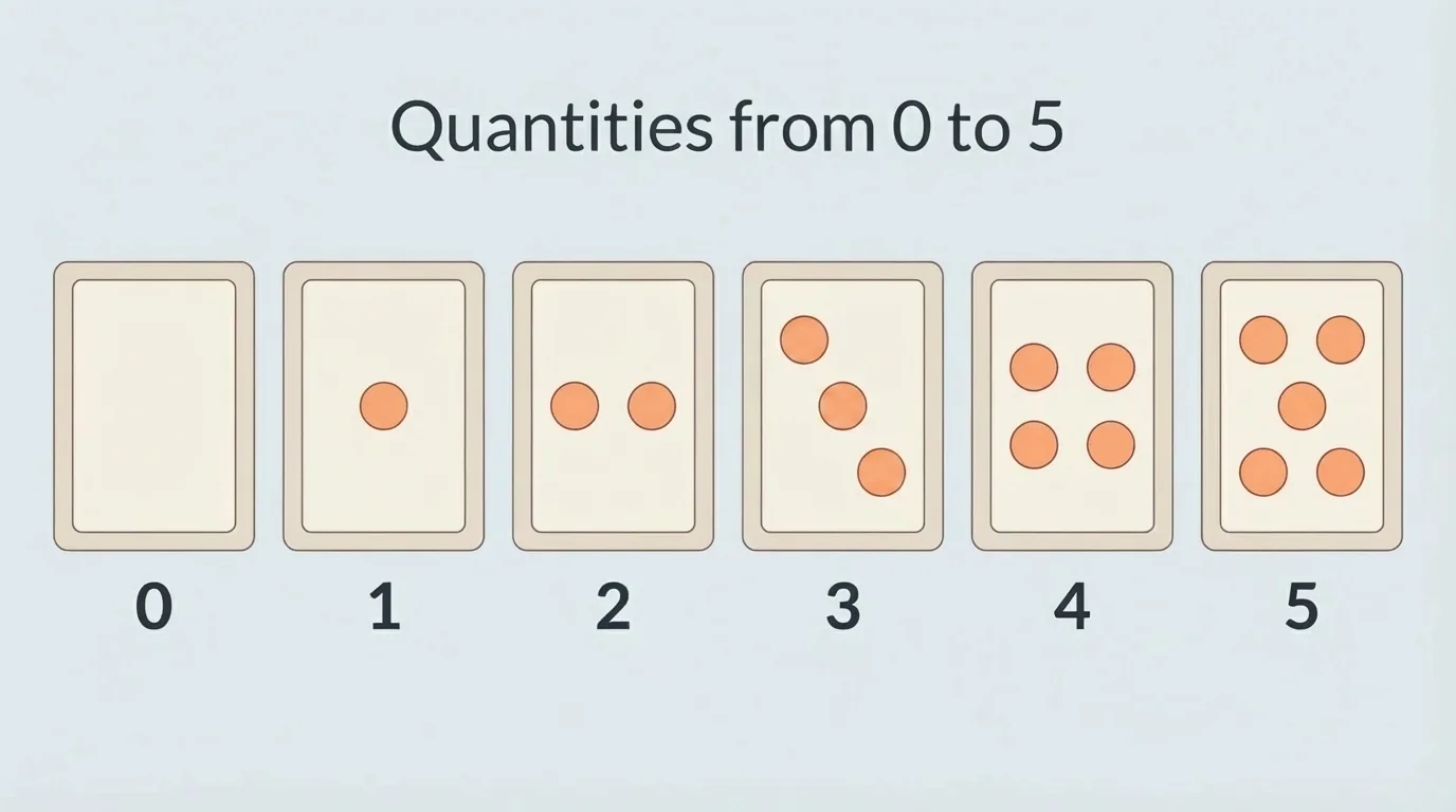 row of five boxes showing quantities 0, 1, 2, 3, 4, 5 with dots filled in