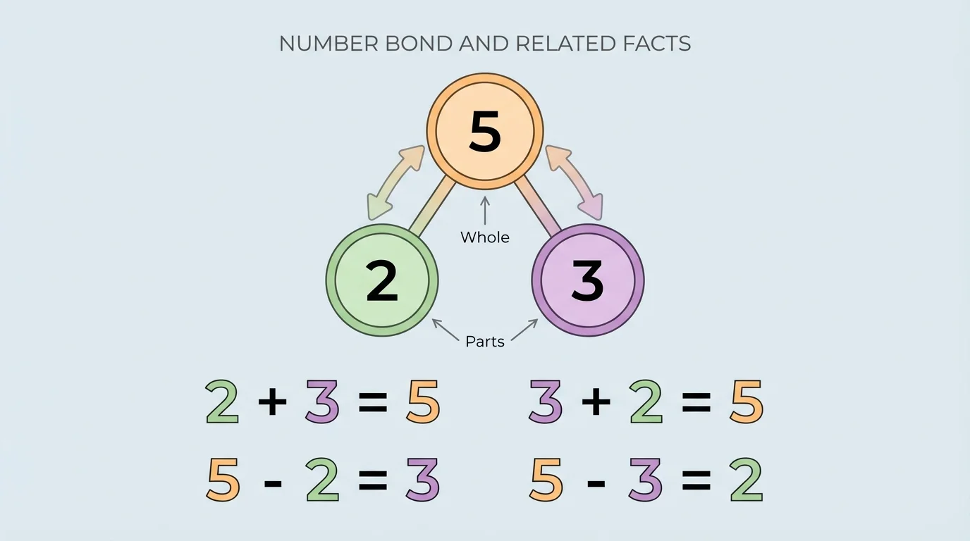 connected number bond with 2, 3, and 5 plus matching addition and subtraction sentences