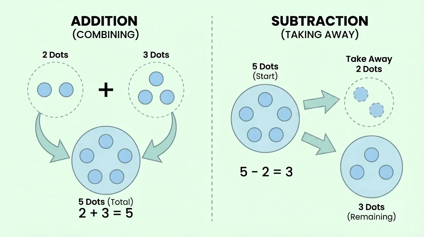 two groups of dots combining into one group and one group losing dots to show take away