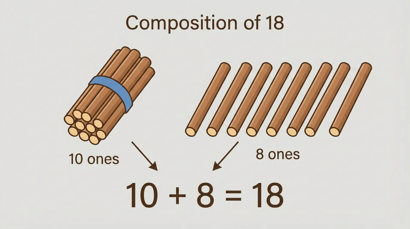 bundle of 10 sticks and 8 single sticks representing 18