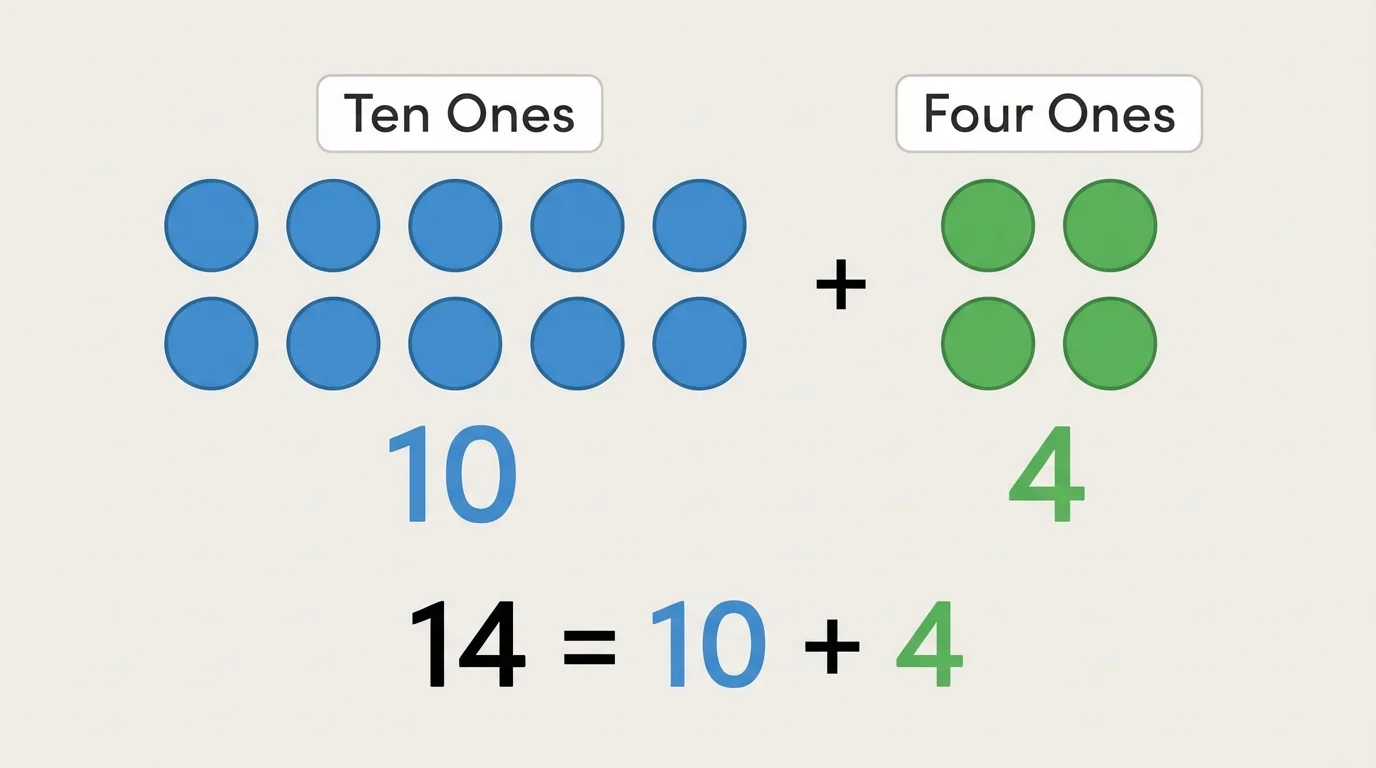 ten dots in a row and 4 extra dots to show 14 as one ten and four ones