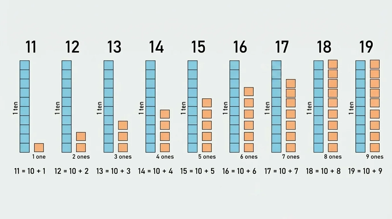 simple row of teen numbers 11 through 19, each shown as one ten plus 1 to 9 ones