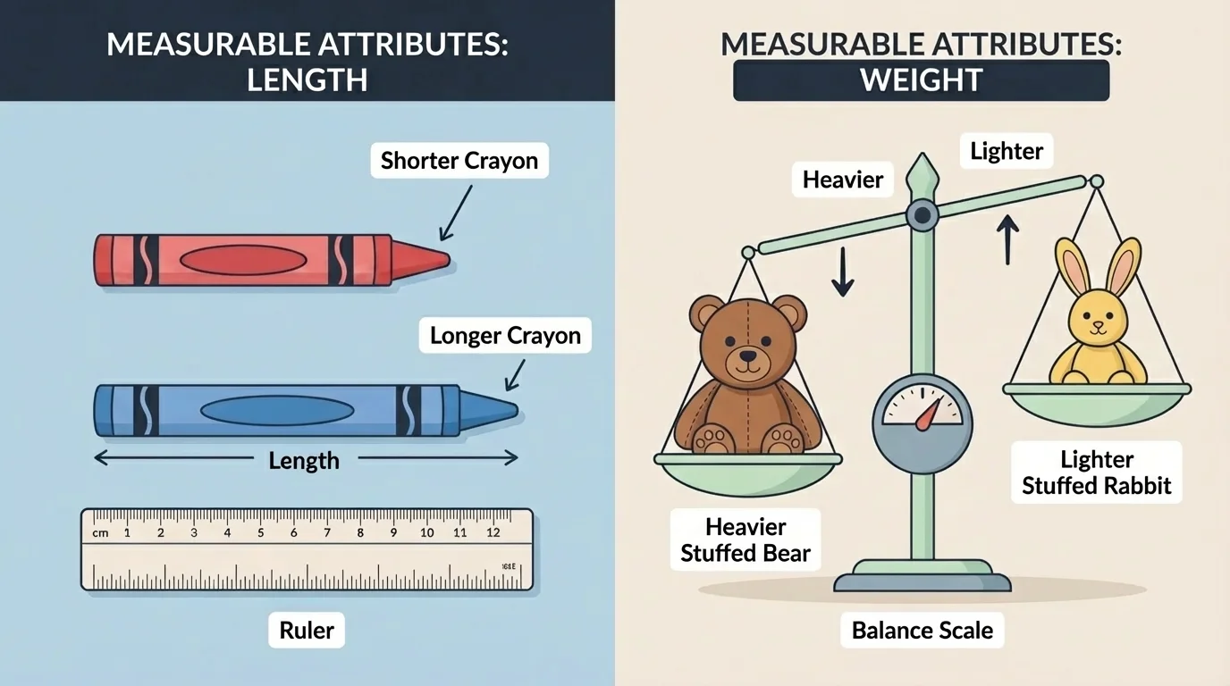 two crayons side by side for length and two stuffed animals on a balance scale for weight