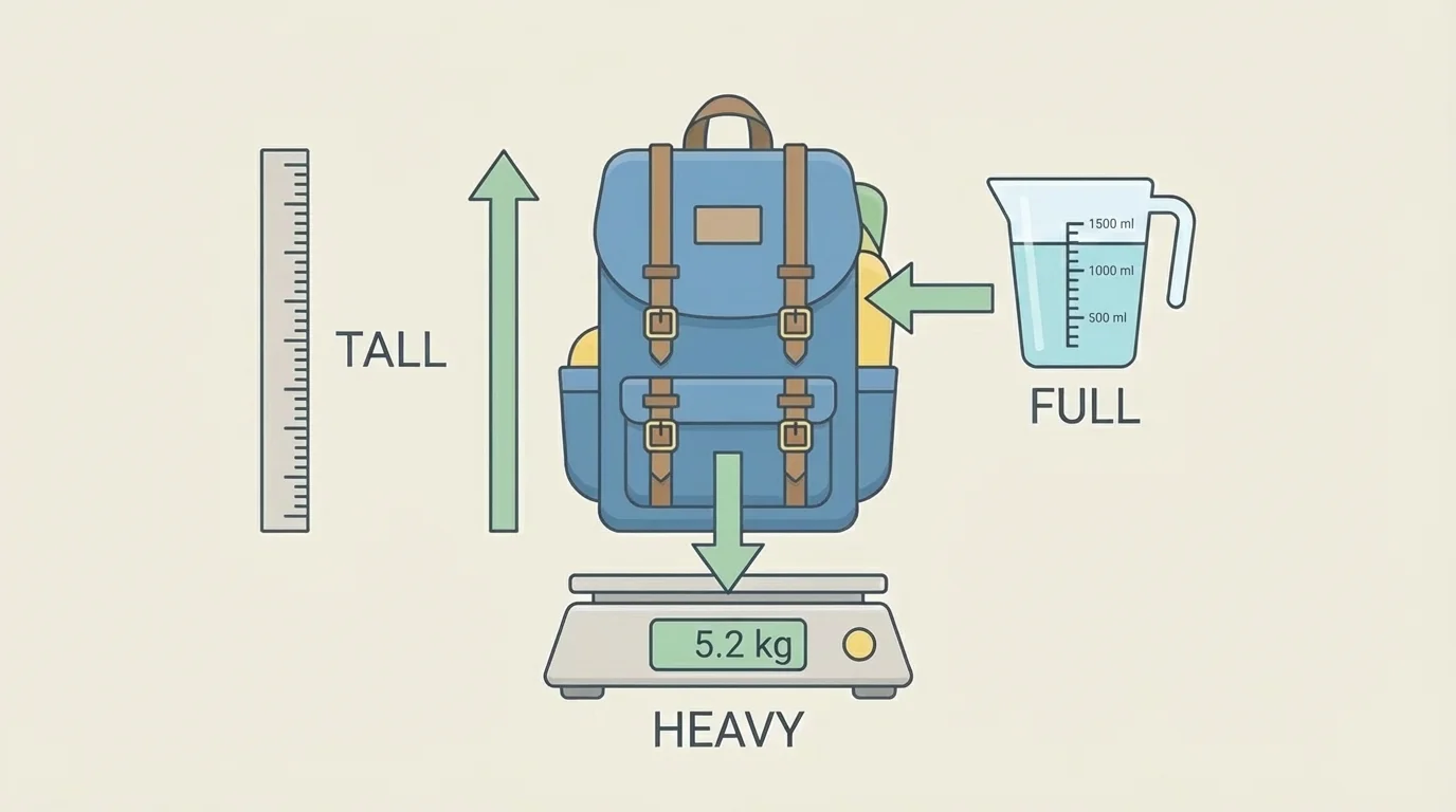 one backpack shown with labels for tall, heavy, and full, next to a ruler, scale, and cup icons