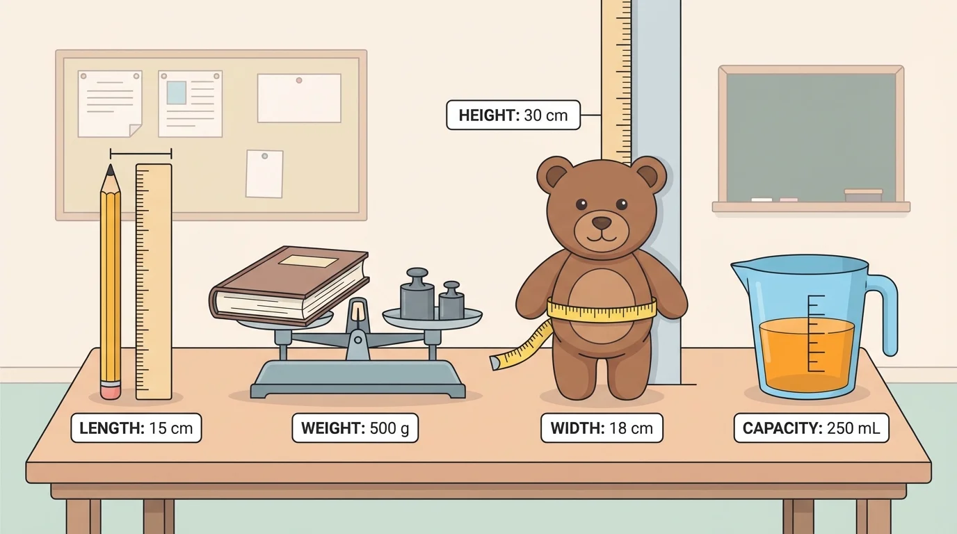 child-friendly classroom scene with a pencil, book, teddy bear, and cup, each highlighting a different attribute such as length, weight, or height