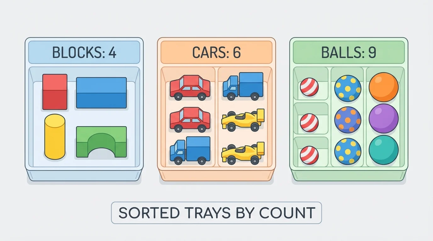 mixed toys separated into groups of cars, blocks, and balls in labeled trays