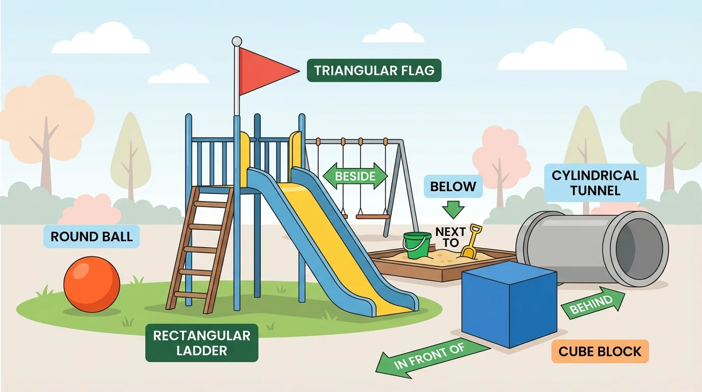 playground with a round ball, triangular flag above a slide, rectangular ladder, cylindrical tunnel behind a cube block, and objects arranged beside and below each other