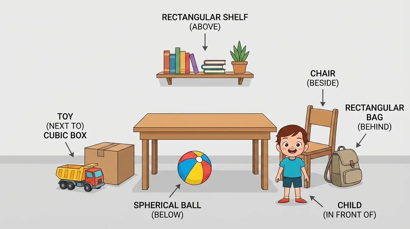 simple room scene with a shelf above a table, a ball below the table, a chair beside the table, a toy next to a box, a child in front of the chair, and a bag behind the chair
