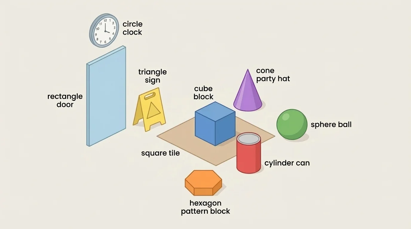 classroom objects labeled as circle clock, square tile, rectangle door, triangle sign, hexagon pattern block, cube block, cone party hat, cylinder can, and sphere ball