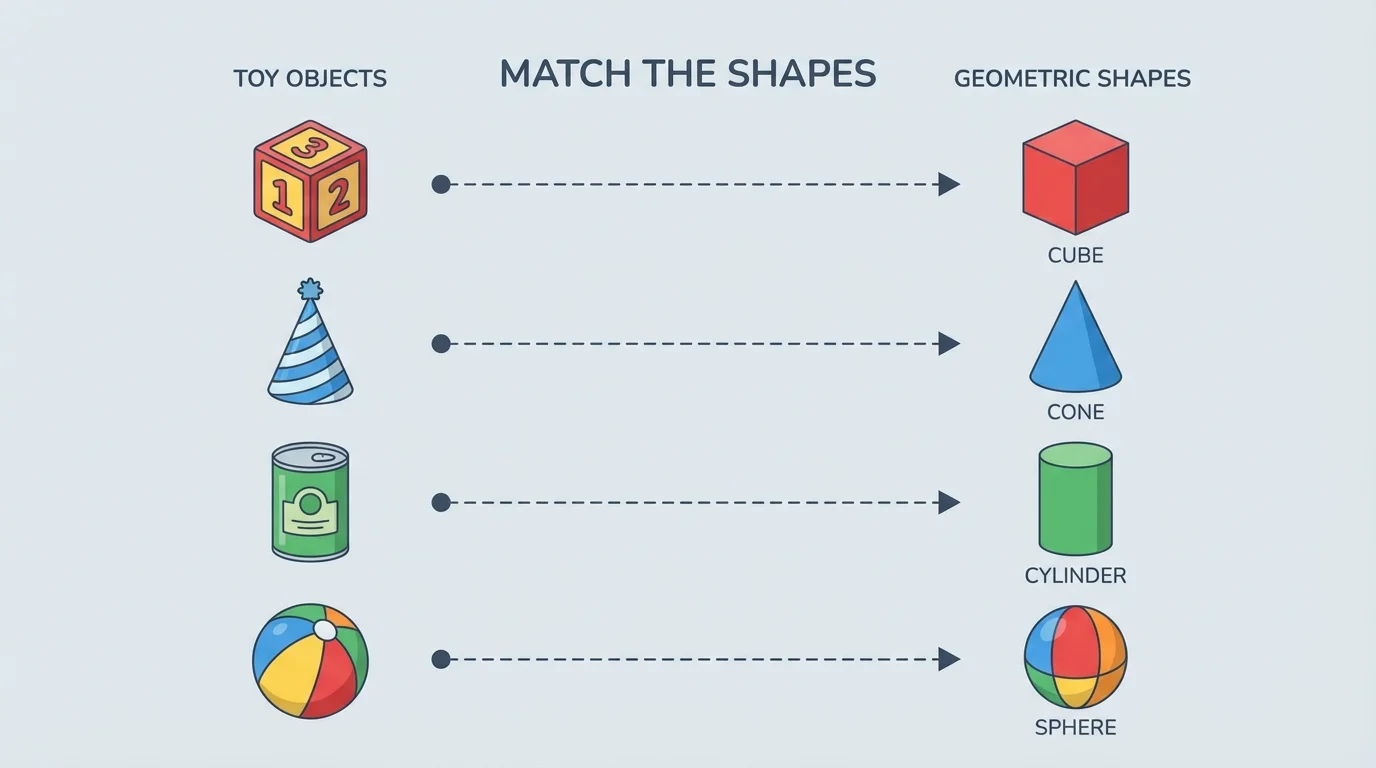 toy block, party hat, can, and ball matched to cube, cone, cylinder, and sphere