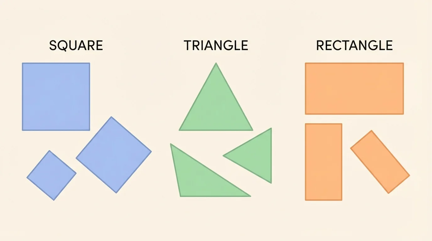 square, triangle, and rectangle shown in different orientations and sizes side by side